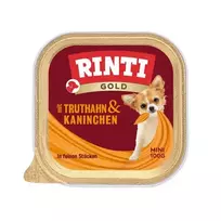 Šlapias šunų ėdalas RINTI Gold Mini – kalakutiena su triušiu, pilnavertis pašaras, 100 g padėklas, suaugusiems mažiems šunims (5–10 kg)