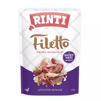 Šlapias šunų ėdalas RINTI Filetto vištienos filė su anties širdelėmis, 100 g paketėlis, pilnavertis pašaras, 14% baltymų, 1% riebalų, 82% drėgmės