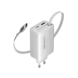 CANYON įkroviklis OnCharge 65RC su integruotu USB-C laidu 65W, 1x PD, 1x QC, EU kištukas, Baltas