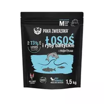 Sausas šunų ėdalas PAKA ZWIERZAKA Lašiša su Baltijos žuvimi M – suaugusių šunų priežiūrai, 1,5 kg, be grūdų, 29% baltymų