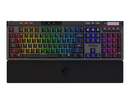 Mechaninė žaidimų klaviatūra MSI STRIKE PRO WIRELESS – pilno dydžio, USB + Bluetooth, RGB, QWERTY US, juoda