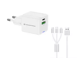 Conceptronic 2 prievadų 33W GaN USB PD įkroviklis su 3-in-1 įkrovimo kabeliu, USB-C x 1, USB-A x 1, QC 3.0, PPS
