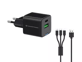 Conceptronic 2 prievadų 33W GaN USB PD įkroviklis su 3-in-1 kabeliu, USB-C x 1, USB-A x 1, QC 3.0, PPS