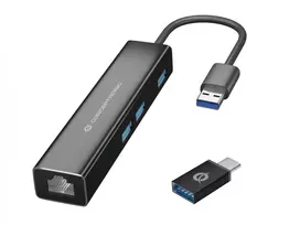 Conceptronic DONN07BA 3 prievadų USB 3.0 šakotuvas su Gigabit Ethernet adapteriu, USB-C/USB-A, Wake-on-LAN, juodas