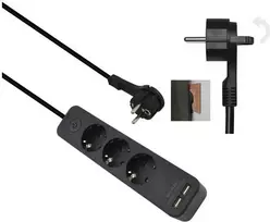 helos ADVANCED 5 lizdų ilgintuvas su USB įkrovikliu, juodas, 1,5 m laidas