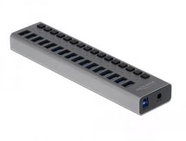 USB šakotuvas DeLOCK 63739, 16 prievadų, USB 3.2 Gen 1, pilkas metalinis korpusas