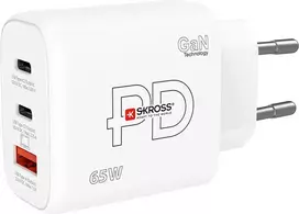 SKROSS Power Charger 65W PD GaN EU USB‑C 2x – 65W USB‑C GaN įkroviklis su dviem USB‑C prievadais, EU kištuku
