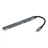 USB-C Hub 7-in-1 BakkerElkhuizen BNECHUB3A4C — 7 prievadai (USB 3.2 Gen1 A, USB 3.2 Gen1 C, USB 2.0), aliumininis korpusas, pilka/juoda