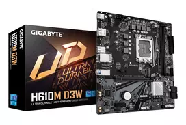 Motininė plokštė GIGABYTE H610M D3W LGA1700, skirta 12–14 kartos Intel procesoriams, DDR5 iki 5600 MHz, 128GB, PCIe 3.0 M.2, 1GbE