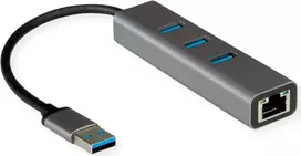 ROLINE 12.02.1112 USB 3.2 Gen 1 adapteris su Gigabit Ethernet jungtimi ir 3 prievadų šakotuvu