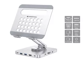 Conceptronic DONN26G sidabrinis multimedijos stovas planšetei su 8-in-1 dokavimo stotele, aliuminis, 100 W