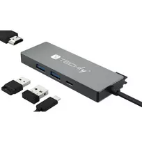 Techly IUSB32C-HUB4HPD nešiojamojo kompiuterio stotelė / prievadų replikatorius, laidinis, USB 3.2 Gen 2 (3.1 Gen 2) Type-C, pilka