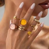 Salircon 7Pcs/Set Y2K Bohemia Inlaid Acrylic Resin Open Rings Women Fashion Gold Color Stackable Ring Party Jewelry 2026 New