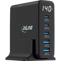 InLine USB PD maitinimo šaltinis, GaN įkroviklis, 5 prievadai, USB-C + USB-A, 140W, su ekranu