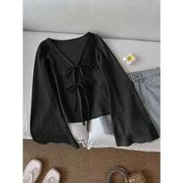 Women's Casual Solid Color Front Semi-Fitted Flare Sleeve Blouse V Neck Knit Cottagecore Spring Fall S juoda