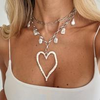 SHIXIN 2Pcs/Set Trendy Hollow-out Big Love Heart Pendant Necklace Women Hip Hop Imitation Pearls Choker Necklace Boho Jewelry