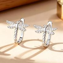 S925 Sterling Silver Dragonfly Sparkling CZ Hoop Earrings Hypoallergenic Animal Huggie Earrings for Women Jewelry beige
