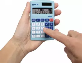 Maul M 8 kišeninis skaičiuotuvas 7261034, 8 skaitmenų, baterija ir saulės elementas, šviesiai mėlynas, baltas