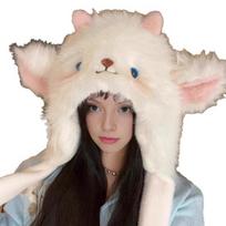 Women Hat Fox Ear Shape Thickened Plush Warm Winter Hat with Scarf Design Outdoor Activities D