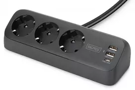 Maitinimo juosta DIGITUS 3 kištukiniai lizdai su 2×USB-A ir 1×USB-C, 1,5 m laidas, juoda