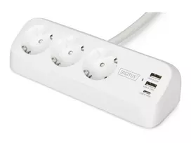 DIGITUS 3 krypčių ilgintuvas su 2×USB-A ir 1×USB-C, 3 kištukiniai lizdai E/F, 1,5 m laidas, baltas