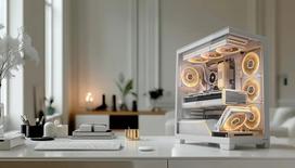 PC korpusas MODECOM VOLCANO STELLAR PLUS MIDI BALTA — Midi Tower, microATX, grūdintas stiklas, USB-C, palaiko GPU 420 mm