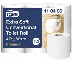 Tualetinis popierius Tork Premium Extra Soft Conventional T4 — 4 sluoksnių rulonai 9,7 cm x 19,1 m, pakuotė 6 vnt.