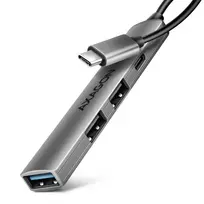 USB šakotuvas AXAGON HUE-STC, 4 prievadų aliuminė juostelė, 1x USB-A 5Gbps + 2x USB-A ir 1x USB-C 480Mbps, USB-C pagrindinis, 12 cm kabelis, pilka
