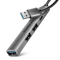USB šakotuvas AXAGON HUE-STA — aliuminė juostelė su 4 prievadais, 1× USB-A 5Gbps + 2× USB-A ir 1× USB-C 480Mbps, USB-A pagrindinis, pilka