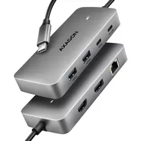 Axagon HMC-CUB83X2 USB 10Gbps 7in1 stotelė, 2x USB-A, USB-C, HDMI & DP 4K/144Hz, RJ-45, PD 100W