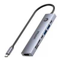 USB-C centrinis įrenginys Unitek H1124AGY01 su 100W PD, HDMI 2.0, 2x USB‑A, 2x USB‑C, SD/microSD skaitytuvu – aliuminis