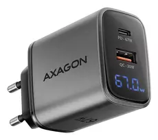 Sieninis įkroviklis AXAGON ACU-PQ67D, 67W, USB-C PD3.0 + USB-A QC4+, 2 išėjimai, LCD ekranas, 100–240V
