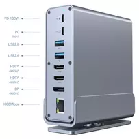 Gembird 15-in-1 USB Type-C kelių prievadų adapteris A-CF-COMBO15-01 — USB 3.2 Gen 2, 4× Type-C, 2× HDMI, DisplayPort, PD 3.0, SD kortelių skaitytuvas, Gigabit LAN, 3,5 mm garsas, pilka