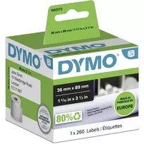 DYMO Autentiškos didelio formato adresų etiketės LabelWriter | 36 mm x 89 mm | 260 vnt rulone | Juodas spaudinys ant balto | Skirta LabelWriter etikečių spausdintuvams
