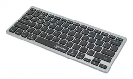Manhattan Ultra Slim Dual-Mode belaidė klaviatūra, Vokietijos QWERTZ išdėstymas, Bluetooth (v3.0) ir belaidis ryšys (2,4 GHz), 78 žemo profilio žirkliniai klavišai, automatinis energijos valdymas, veikimo atstumas 10 m, USB-A mikro imtuvas, AAA baterija (