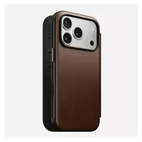 Odininis dėklas su atvartu Nomad Modern Leather Folio, skirtas iPhone 17 Pro, rudos spalvos, tinka 6,3 colio (16 cm) ekranui, 4 kortelių kišenės