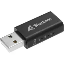 Vidinis USB Type-A į 3,5 mm DAC adapteris Sharkoon DAC Pro S — 2 V išėjimas, juodas, kompaktiškas (42×17,3×9,7 mm)