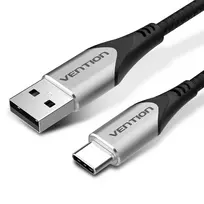 Vention USB 2.0 A vyriškas – C vyriškas 3A 2m pilkas medvilninis pintas laidas su aliuminio lizdu