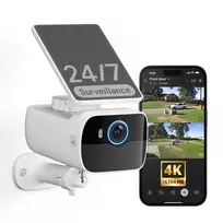 Safemo SC1 SolarCam belaidė lauko kamera, 4K UHD, 8× priartinimas, 132° vaizdas, naktinis matymas, „Wi-Fi“ 2,4 GHz, 1,5 W saulės baterija, balta