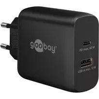 USB-C dvigubas greitas įkroviklis, PD, GaN, 65 W (juodas, 1x USB-C, 1x USB-A, Power Delivery)