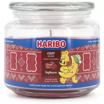 Kvepianti žvakė Haribo A2203 – apvali obuolių ir cinamono kvapo, raudona, 100 mm aukštis, 100 mm skersmuo, 300 g, stiklinėje