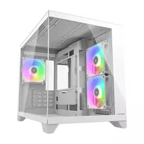 Mini bokštinis kompiuterio korpusas Cougar FV150 ARGB White – Micro-ATX / Mini-ITX, šoninis langas, 2x120mm + 1x120mm ventiliatoriai, 2,5 colio ir 3,5 colio vietos