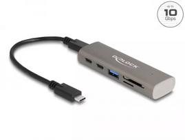 DeLOCK 3 prievadų USB 10Gbps šakotuvas su SD Micro SD kortelių skaitytuvu, USB Type-C