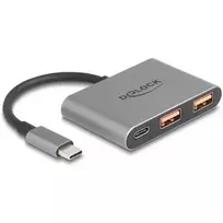 USB šakotuvas DELOCK 64337 — USB 3.2 Gen 2 Type-C, 3 prievadai (Type-C + 2× Type-A), 10Gbit/s, pilkas, metalinis korpusas