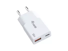 EQUIP 2-Port 30W GaN Slim USB PD įkroviklis – USB‑C x1, USB‑A x1, 100–240V, maks. 20V, baltas