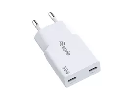 EQUIP 2 jungčių 30W GaN Slim USB-C PD įkroviklis — 2 USB-C prievadai, 100–240 V įėjimas, maks. 20 V išėjimas, baltas