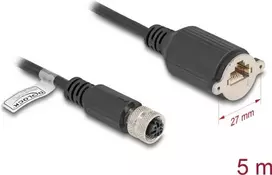 Tinklo kabelis DeLOCK M12 D-koduotas 4 kontaktų moteriškas į RJ45 Cat5e 5 m juodas