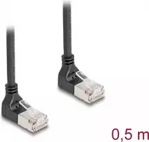 Tinklo kabelis DeLOCK RJ45 Cat.6A S/FTP plonas 90° žemyn 0,5 m juodas