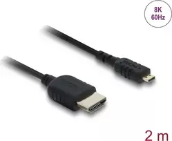 HDMI kabelis DELOCK 81691 — HDMI A tipo į Micro HDMI D tipo, 2 m, 48Gbit/s, iki 7680×4320, auksuoti kontaktai, juodos spalvos