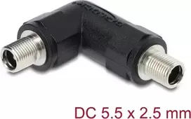 DELOCK DC maitinimo lizdo adapteris 5,5 x 2,5 mm moteriškas–moteriškas su sriegine mova, 90° kampu, juodas